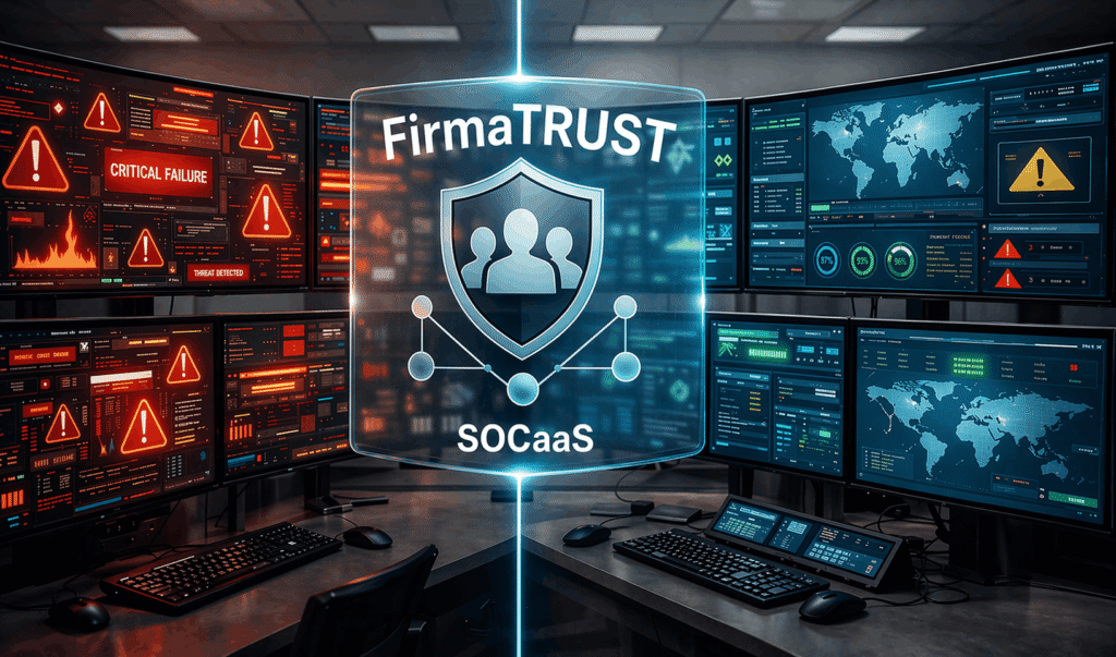 A cybersecurity operations center with multiple monitors displaying alerts, warnings, and global data dashboards, centered around a glowing shield icon with connected user symbols representing network security and protection.
